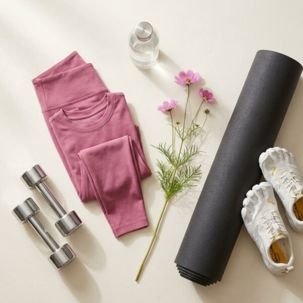 Flat lay of fuschia activewear, chrome dumbbells, a rolled yoga mat, minimalist toe shoes and a glass water bottle