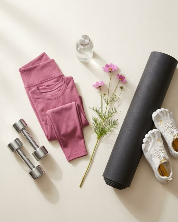 Flat lay of fuschia activewear, chrome dumbbells, a rolled yoga mat, minimalist toe shoes and a glass water bottle